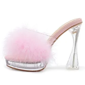 Women's Feather Heels Sandals - Fluffy Fur - Clear Strap Platform High Block Heel Slip On Square Toe Mules Pink 39-insolelength: