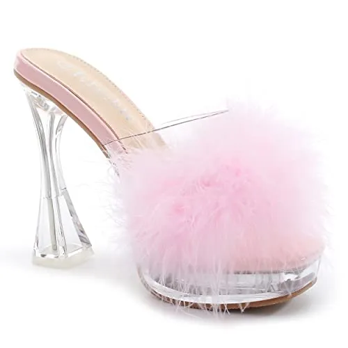 Women's Feather Heels Sandals - Fluffy Fur - Clear Strap Platform High Block Heel Slip On Square Toe Mules Pink 39-insolelength: