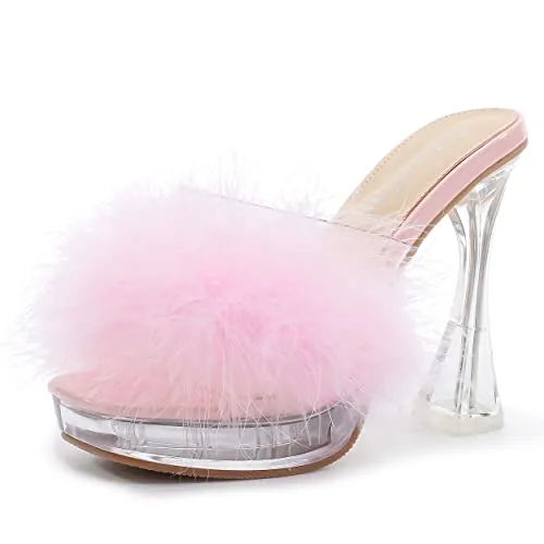 Women's Feather Heels Sandals - Fluffy Fur - Clear Strap Platform High Block Heel Slip On Square Toe Mules Pink 39-insolelength: