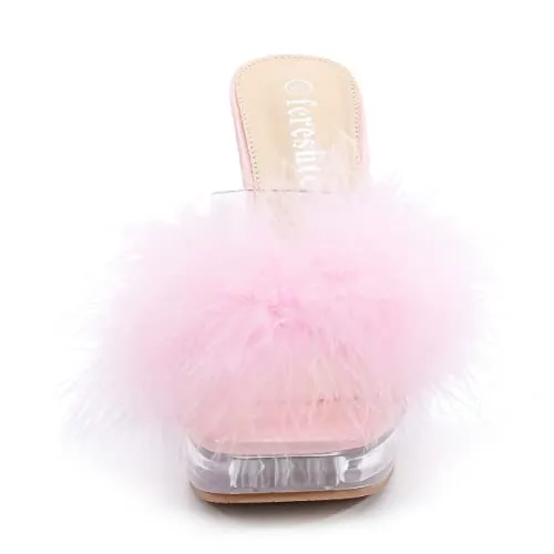 Women's Feather Heels Sandals - Fluffy Fur - Clear Strap Platform High Block Heel Slip On Square Toe Mules Pink 39-insolelength: