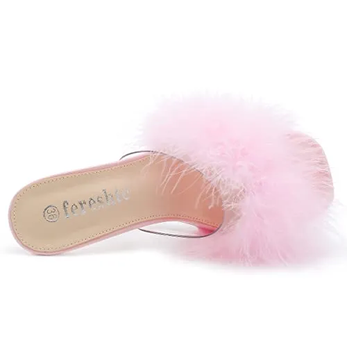 Women's Feather Heels Sandals - Fluffy Fur - Clear Strap Platform High Block Heel Slip On Square Toe Mules Pink 39-insolelength: