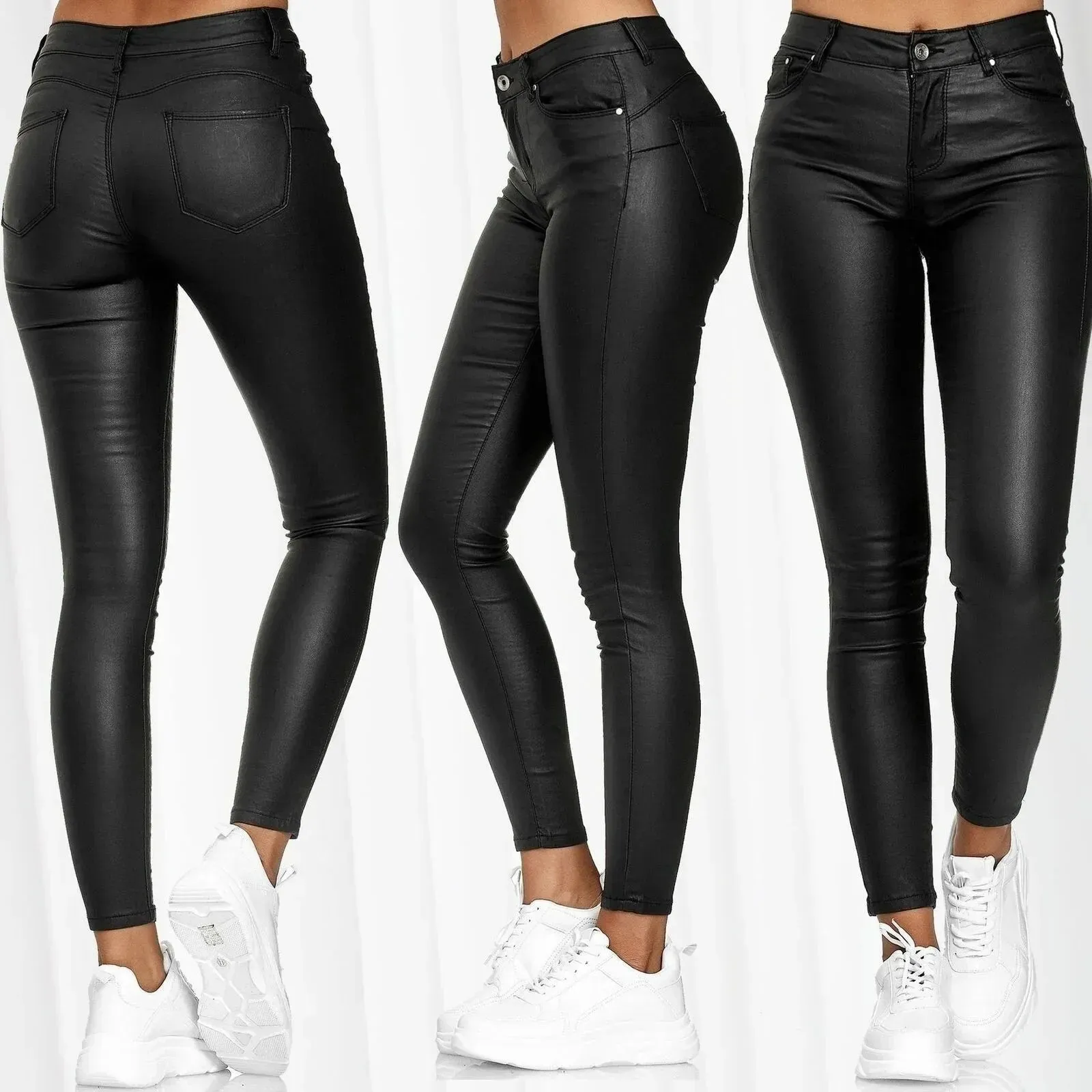 Women's PU Leather Leggings High Waist Skinny Elastic