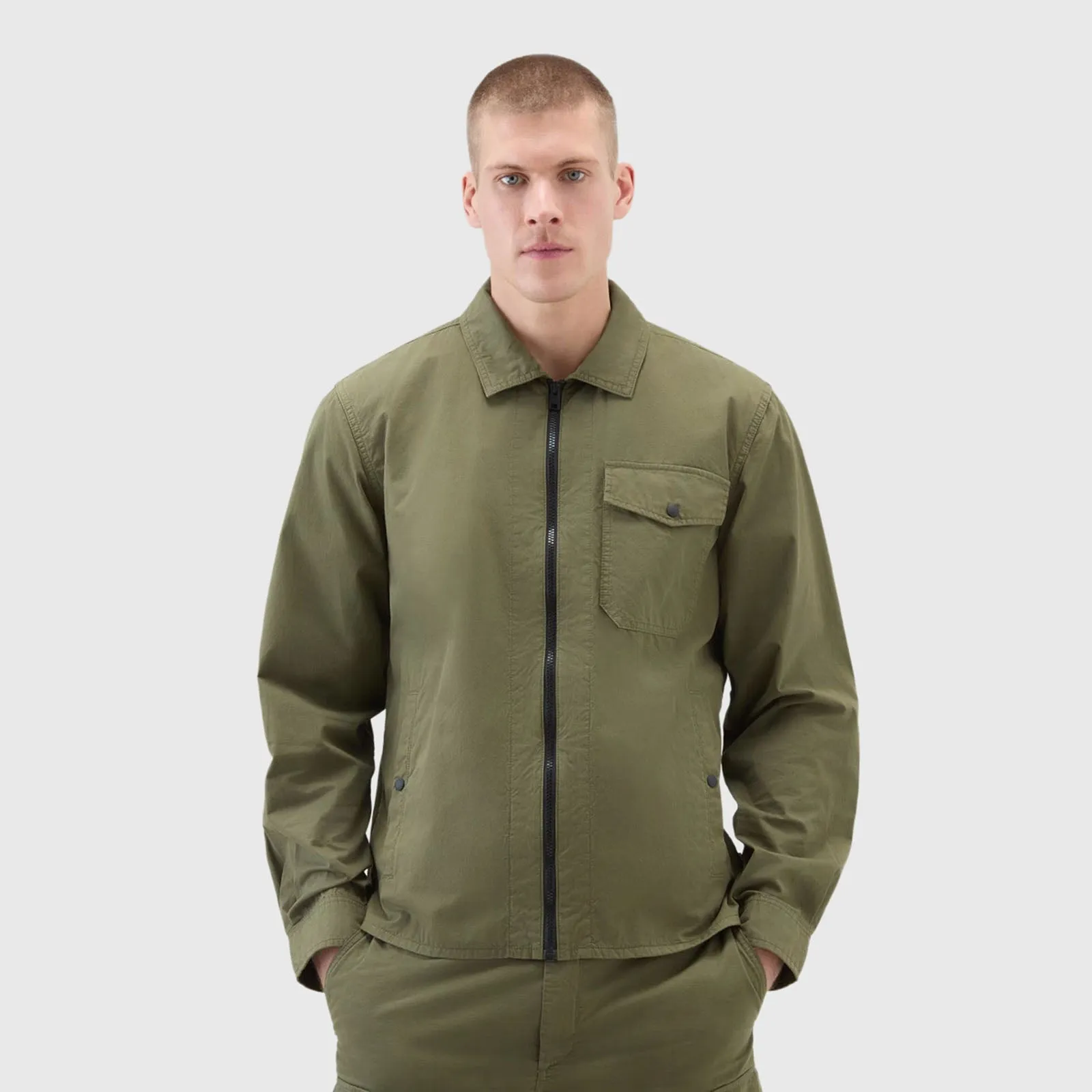 Woolrich Overshirt In Gabardina Verde Militare Uomo