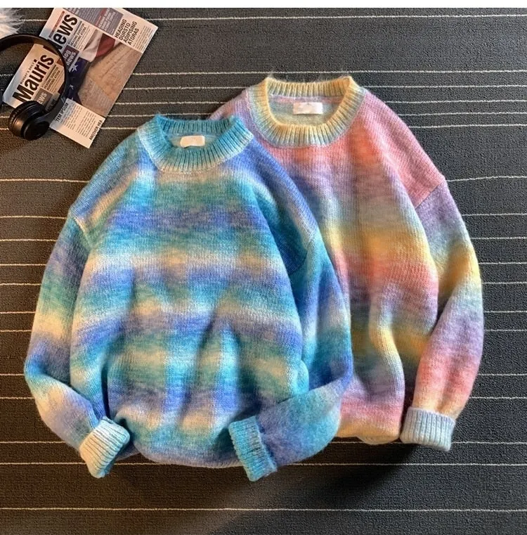 Xituodai Rainbow Striped Sweater Men Clothing Harajuku Fashion Men Sweaters Pullovers Retro Clothes 2XL 2022 New Arrivals