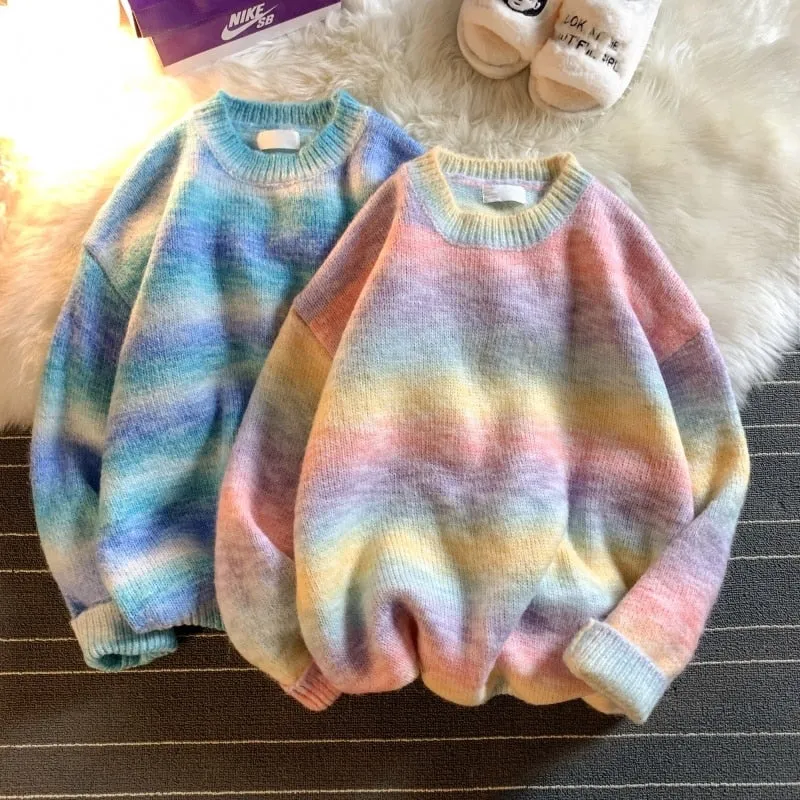 Xituodai Rainbow Striped Sweater Men Clothing Harajuku Fashion Men Sweaters Pullovers Retro Clothes 2XL 2022 New Arrivals