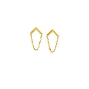 Yellow Gold Upside Down V Chain Drape Earrings