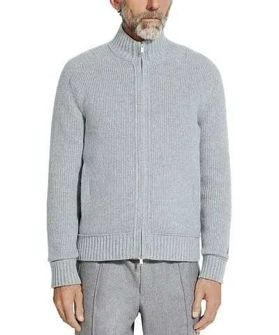 Zegna Melange Oasi Ribbed Zip Front Cashmere Cardigan